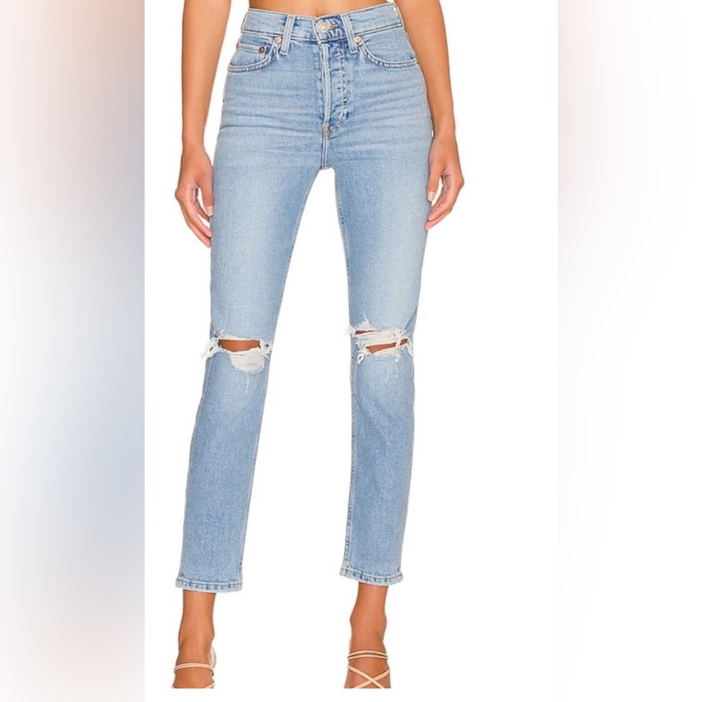 RE/DONE 90's High Rise Ankle Crop in Destroy Sanded Blue